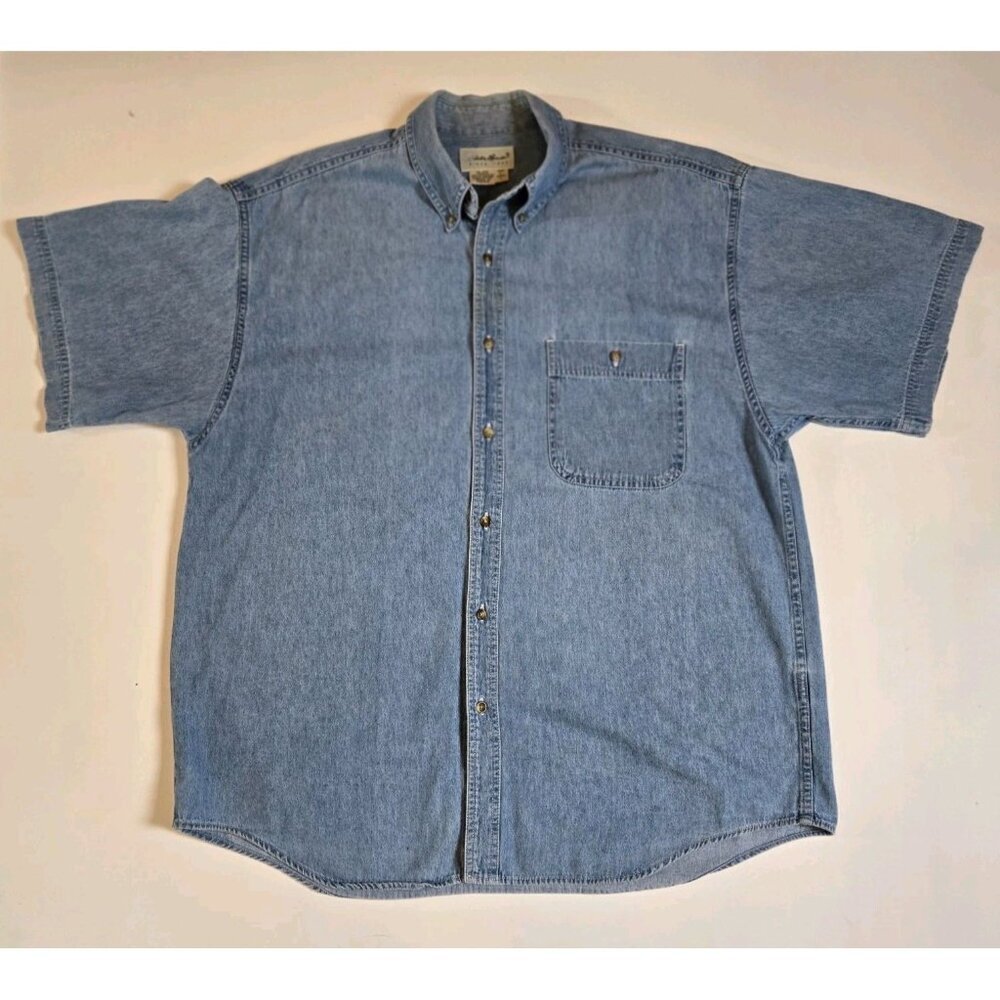 Eddie Bauer Denim Shirt Men Large Blue Button Short Sleeve Western E-0673148 VTG